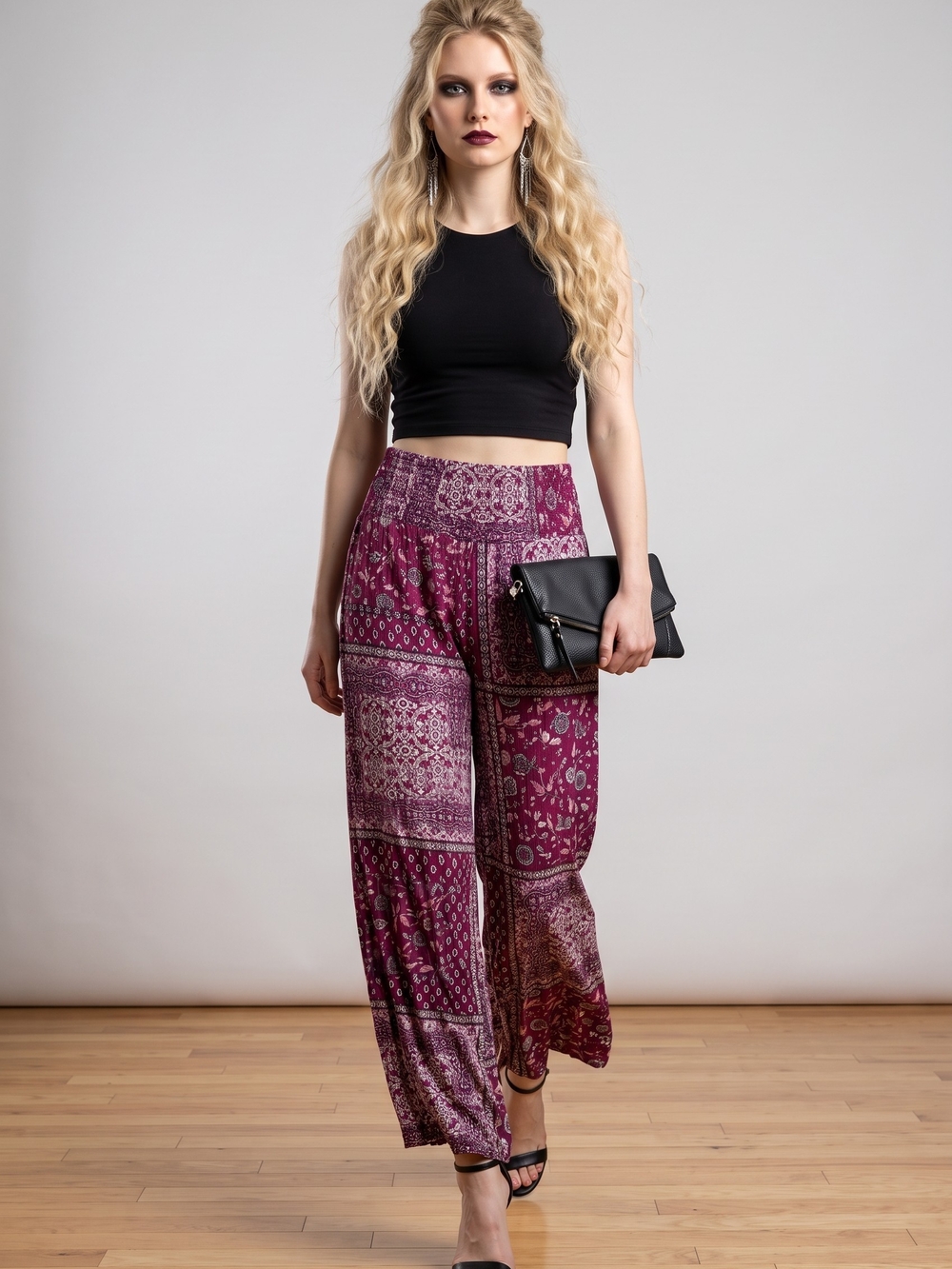 C. Wonder Women's Wide-Leg Printed Palazzo Pants in Plum Boho